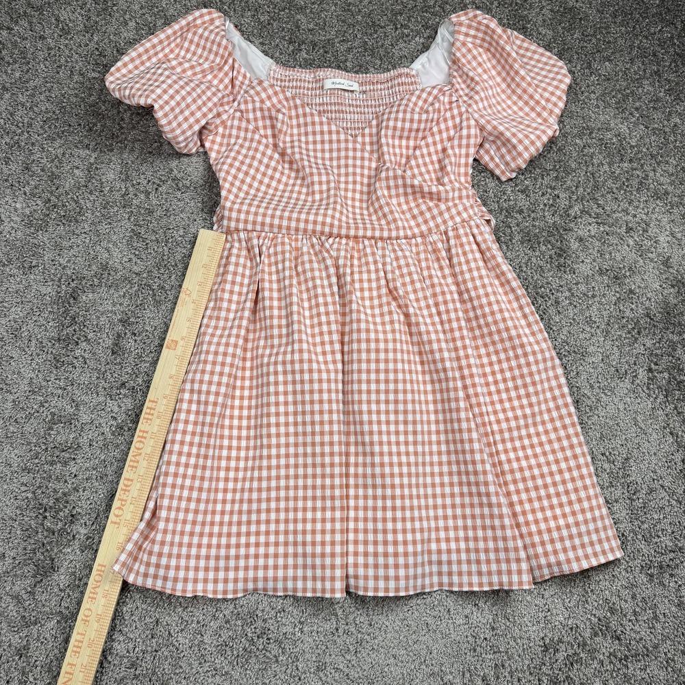 Mustard Seed Womens Dress M Pink Gingham Puff Sleeve Cottagecore Milkmaid Ruched - Picture 7 of 13